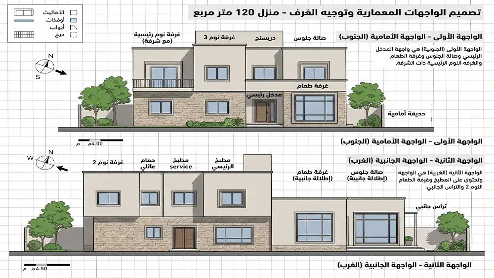 تصميم منزل 120 متر مربع بواجهتين